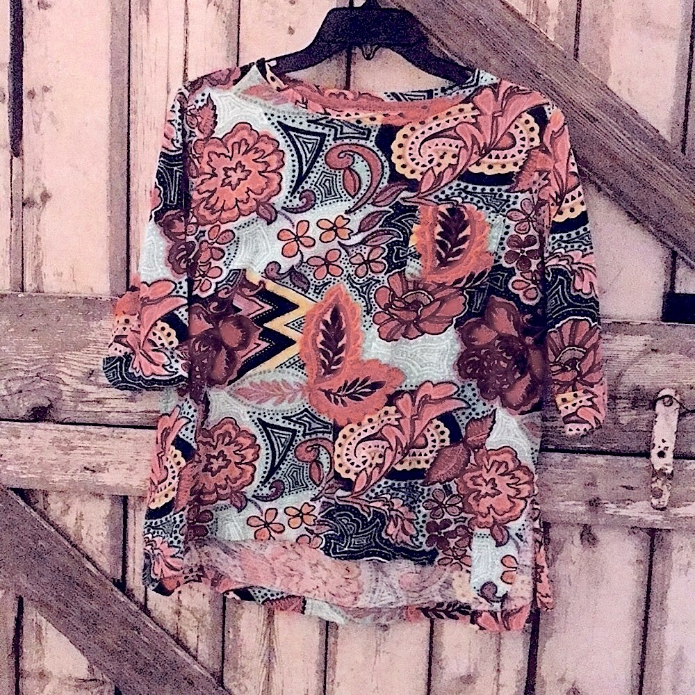 Floral and paisley top with 3/4 length sleeves